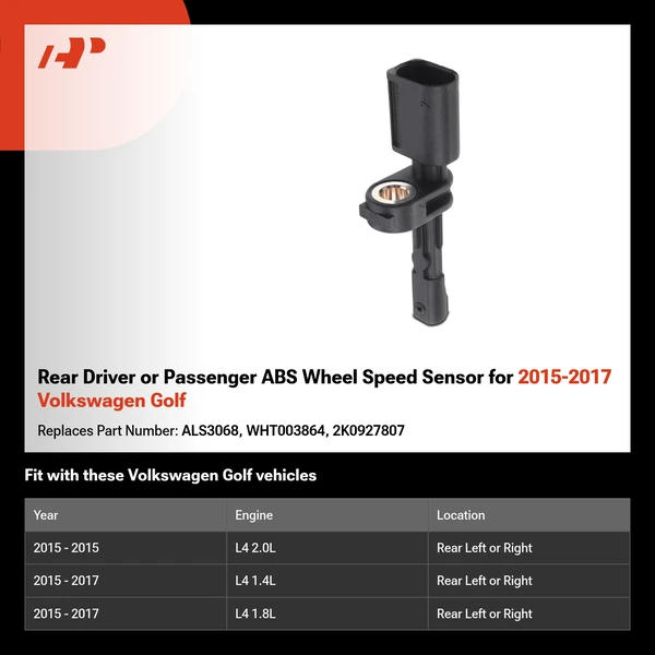 Rear Driver or Passenger ABS Wheel Speed Sensor for 2015-2017 Volkswagen Golf