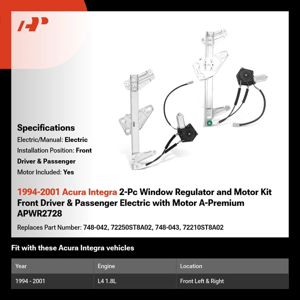 1994-2001 Acura Integra 2-Pc Window Regulator and Motor Kit Front Driver & Passenger Electric with Motor A-Premium APWR2728