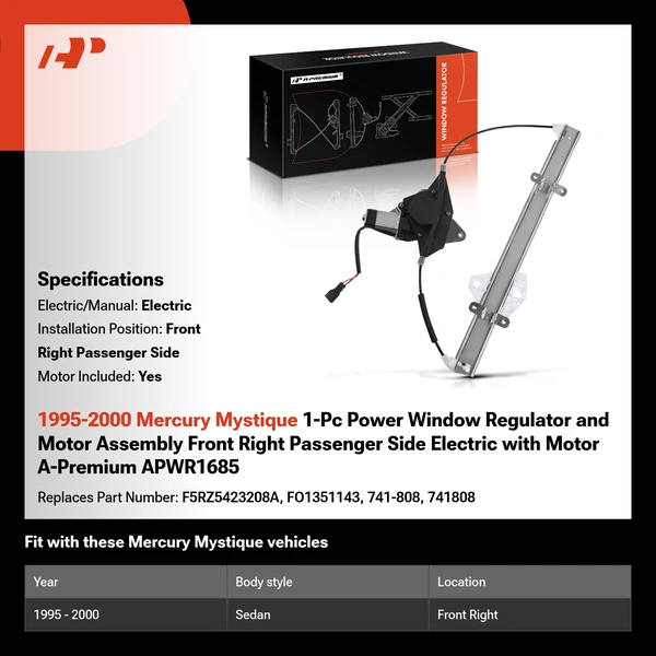 1995-2000 Mercury Mystique 1-Pc Power Window Regulator and Motor Assembly Front Right Passenger Side Electric with Motor A-Premium APWR1685