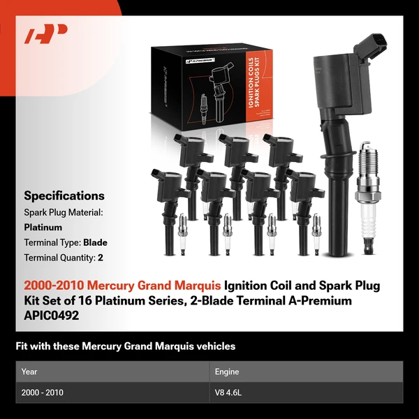 2000-2010 Mercury Grand Marquis Ignition Coil and Spark Plug Kit Set of 16 Platinum Series, 2-Blade Terminal A-Premium APIC0492