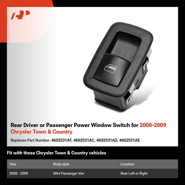 Rear Driver or Passenger Power Window Switch for 2008-2009 Chrysler Town & Country