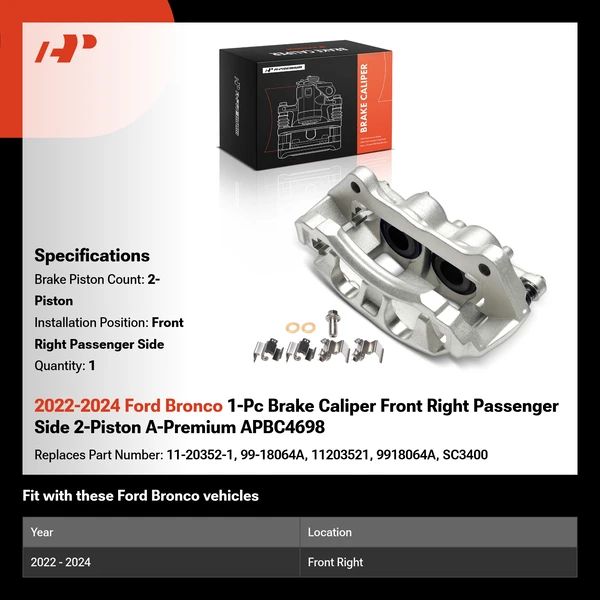 2022-2024 Ford Bronco 1-Pc Brake Caliper Front Right Passenger Side 2-Piston A-Premium APBC4698