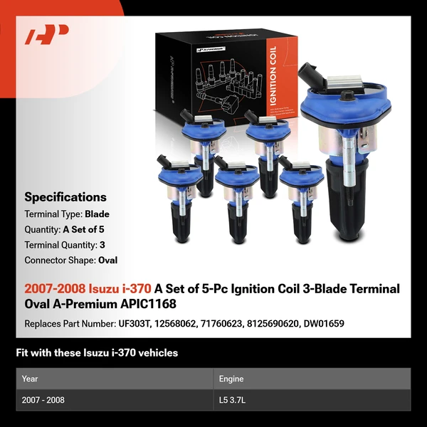 2007-2008 Isuzu i-370 A Set of 5-Pc Ignition Coil 3-Blade Terminal Oval A-Premium APIC1168