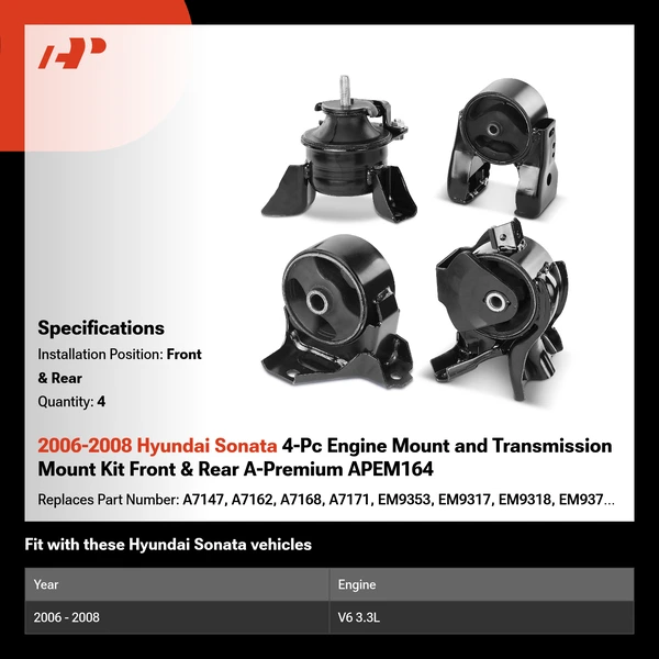 2006-2008 Hyundai Sonata 4-Pc Engine Mount and Transmission Mount Kit Front & Rear A-Premium APEM164