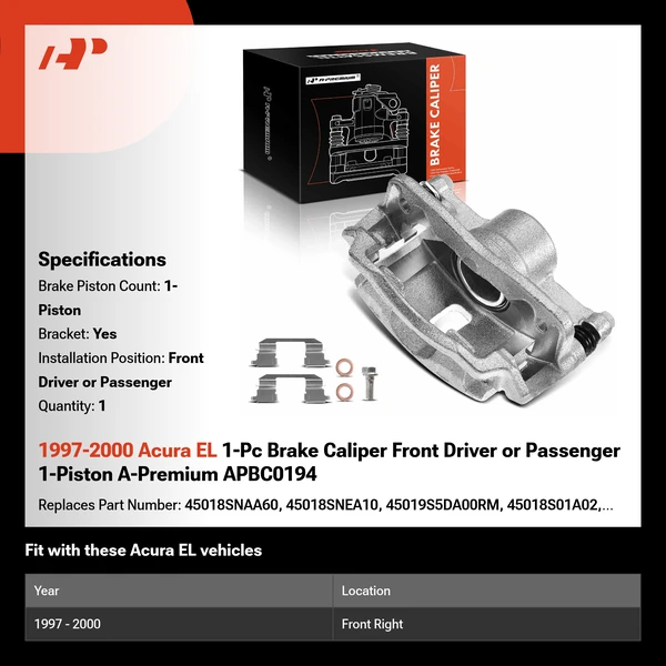 1997-2000 Acura EL 1-Pc Brake Caliper Front Driver or Passenger 1-Piston A-Premium APBC0194
