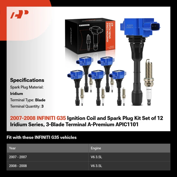 2007-2008 INFINITI G35 Ignition Coil and Spark Plug Kit Set of 12 Iridium Series, 3-Blade Terminal A-Premium APIC1101