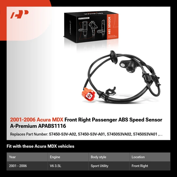 2001-2006 Acura MDX Front Right Passenger ABS Speed Sensor A-Premium APABS1116