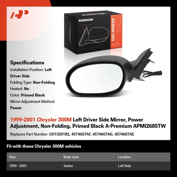 1999-2001 Chrysler 300M Left Driver Side Mirror, Power Adjustment, Non-Folding, Primed Black A-Premium APMI2685TW