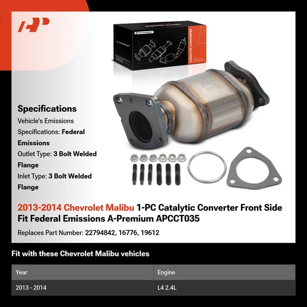 2013-2014 Chevrolet Malibu 1-PC Catalytic Converter Front Side Fit Federal Emissions A-Premium APCCT035