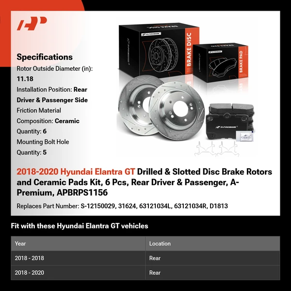 2018-2020 Hyundai Elantra GT Drilled & Slotted Disc Brake Rotors and Ceramic Pads Kit, 6 Pcs, Rear Driver & Passenger, A-Premium, APBRPS1156