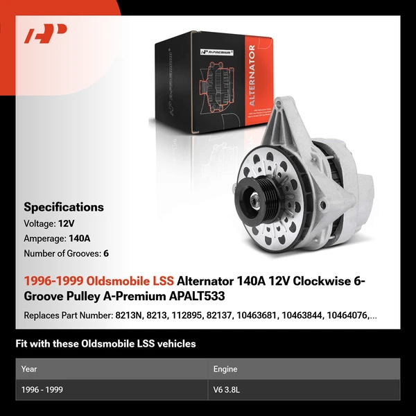 1996-1999 Oldsmobile LSS Alternator 140A 12V Clockwise 6-Groove Pulley A-Premium APALT533