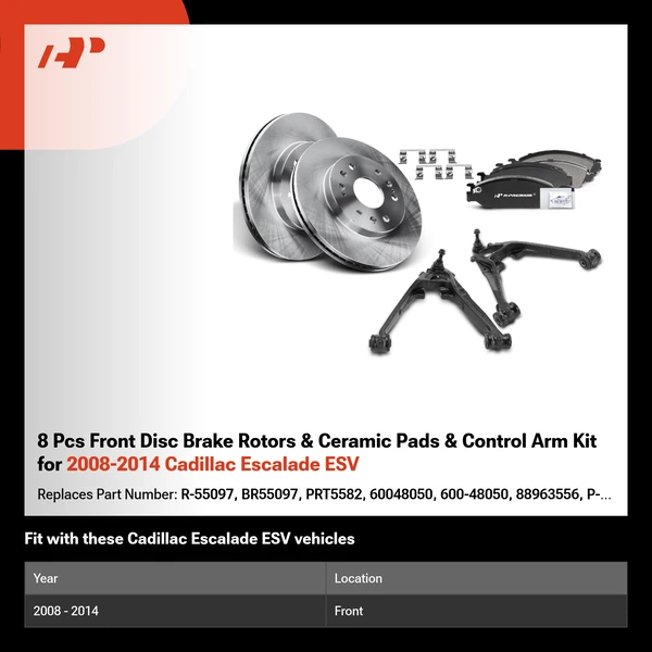 8 Pcs Front Disc Brake Rotors & Ceramic Pads & Control Arm Kit for 2008-2014 Cadillac Escalade ESV