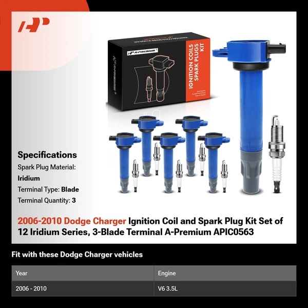 2006-2010 Dodge Charger Ignition Coil and Spark Plug Kit Set of 12 Iridium Series, 3-Blade Terminal A-Premium APIC0563