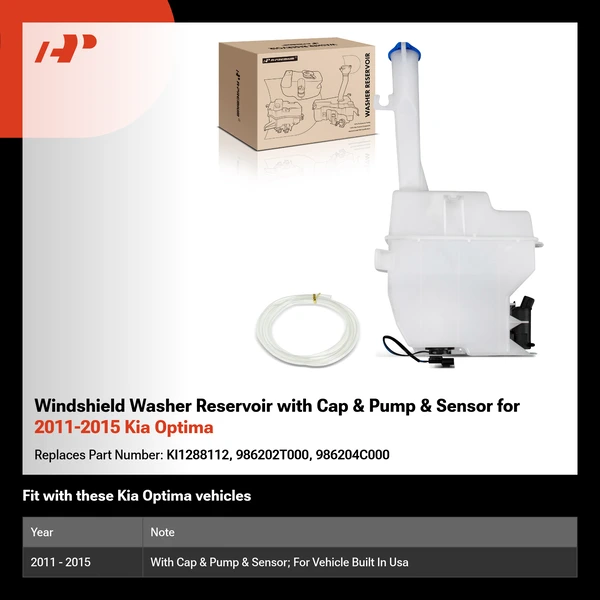 Windshield Washer Reservoir with Cap & Pump & Sensor for 2011-2015 Kia Optima