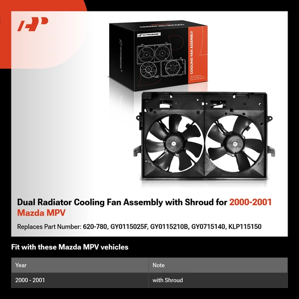 Dual Radiator Cooling Fan Assembly with Shroud for 2000-2001 Mazda MPV