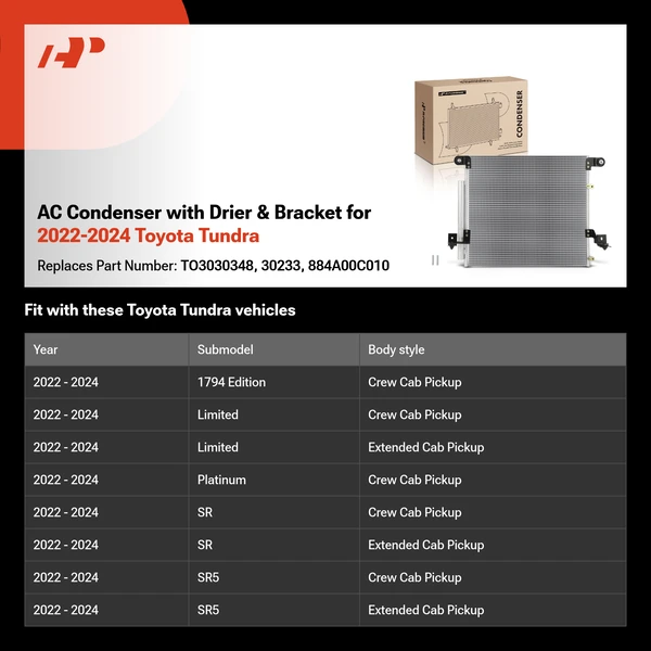 AC Condenser with Drier & Bracket for 2022-2024 Toyota Tundra
