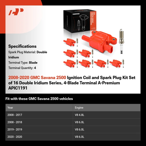 2008-2020 GMC Savana 2500 Ignition Coil and Spark Plug Kit Set of 16 Double Iridium Series, 4-Blade Terminal A-Premium APIC1191