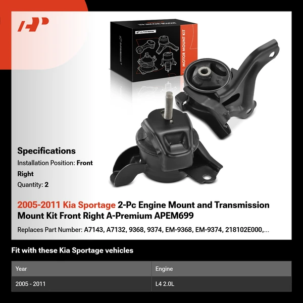 2005-2011 Kia Sportage 2-Pc Engine Mount and Transmission Mount Kit Front Right A-Premium APEM699