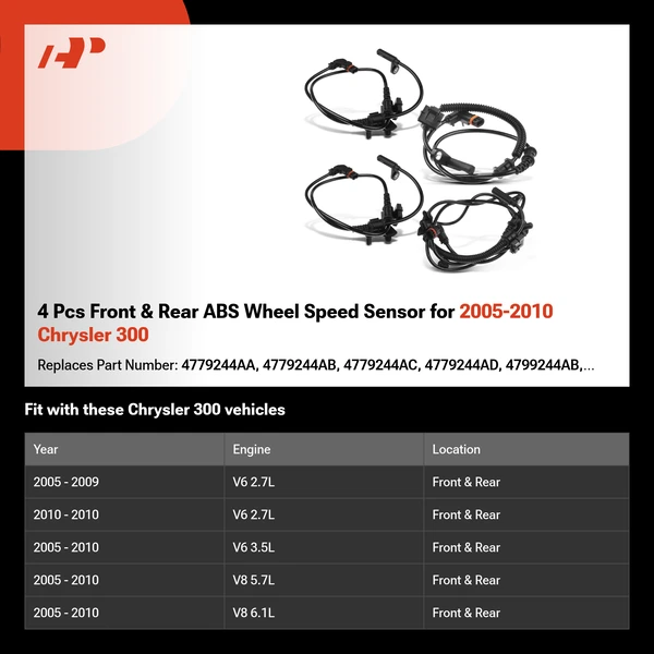 4 Pcs Front & Rear ABS Wheel Speed Sensor for 2005-2010 Chrysler 300