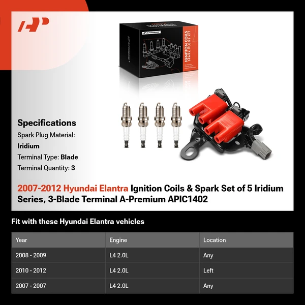2007-2012 Hyundai Elantra Ignition Coils & Spark Set of 5 Iridium Series, 3-Blade Terminal A-Premium APIC1402