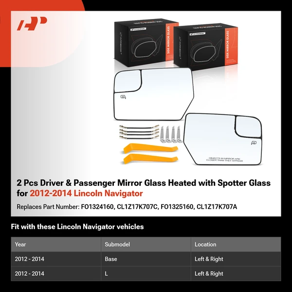 2 Pcs Driver & Passenger Mirror Glass Heated with Spotter Glass for 2012-2014 Lincoln Navigator