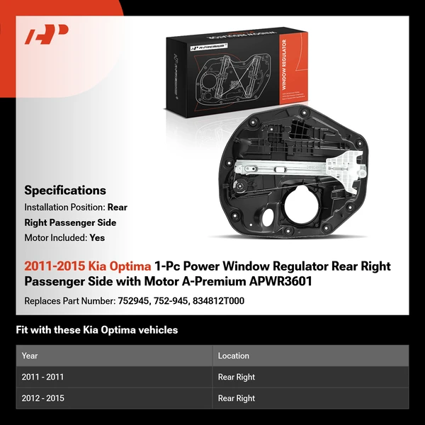 2011-2015 Kia Optima 1-Pc Power Window Regulator Rear Right Passenger Side with Motor A-Premium APWR3601