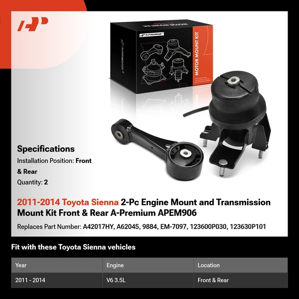 2011-2014 Toyota Sienna 2-Pc Engine Mount and Transmission Mount Kit Front & Rear A-Premium APEM906