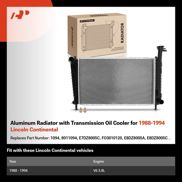 Aluminum Radiator with Transmission Oil Cooler for 1988-1994 Lincoln Continental