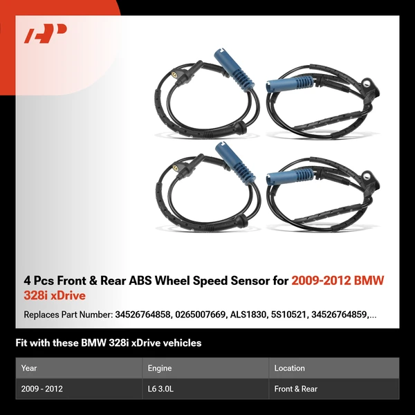 4 Pcs Front & Rear ABS Wheel Speed Sensor for 2009-2012 BMW 328i xDrive