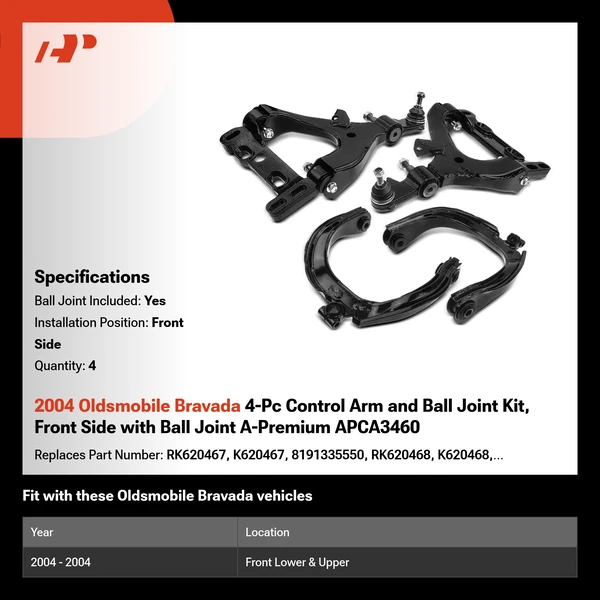 2004 Oldsmobile Bravada 4-Pc Control Arm and Ball Joint Kit, Front Side with Ball Joint A-Premium APCA3460