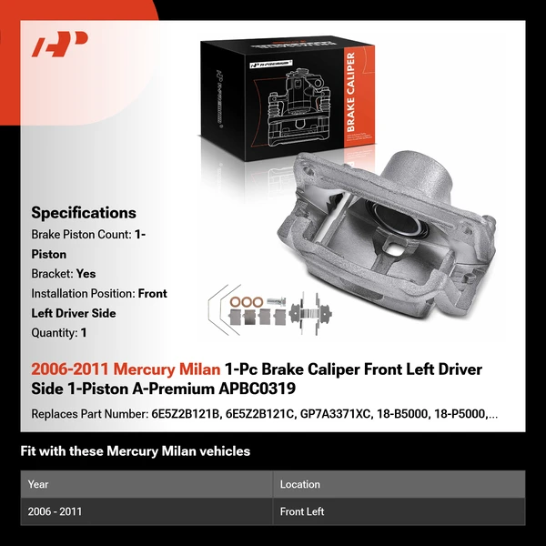 2006-2011 Mercury Milan 1-Pc Brake Caliper Front Left Driver Side 1-Piston A-Premium APBC0319