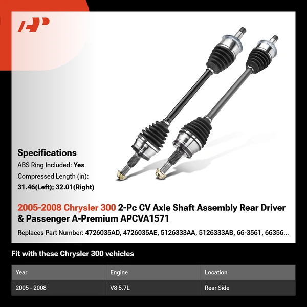 2005-2008 Chrysler 300 2-Pc CV Axle Shaft Assembly Rear Driver & Passenger A-Premium APCVA1571