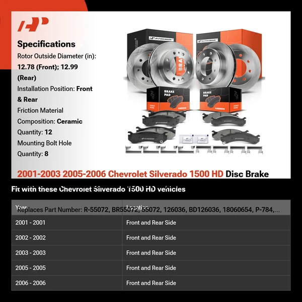 2001-2003 2005-2006 Chevrolet Silverado 1500 HD Disc Brake Rotors and Ceramic Pads Kit, 12 Pcs, Front & Rear, A-Premium, APBRPR211