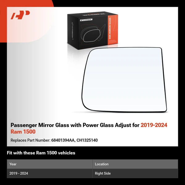 Passenger Mirror Glass with Power Glass Adjust for 2019-2024 Ram 1500