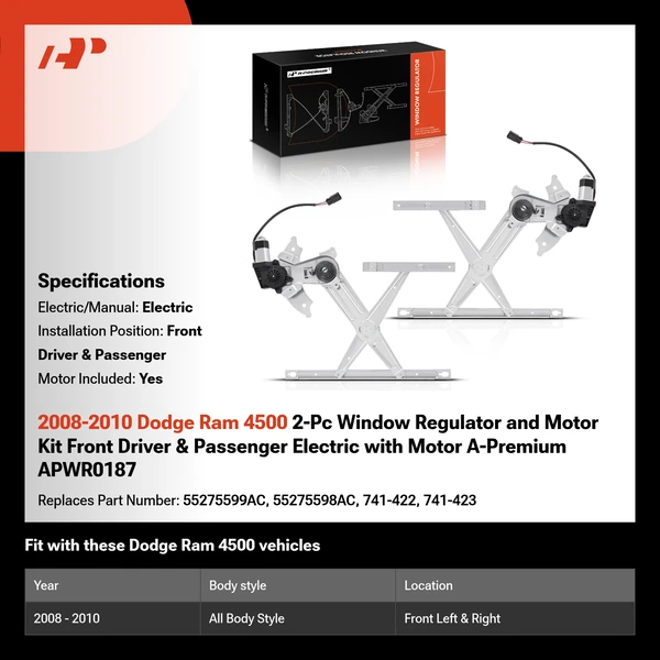 2008-2010 Dodge Ram 4500 2-Pc Window Regulator and Motor Kit Front Driver & Passenger Electric with Motor A-Premium APWR0187