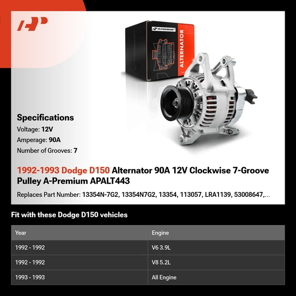 1992-1993 Dodge D150 Alternator 90A 12V Clockwise 7-Groove Pulley A-Premium APALT443