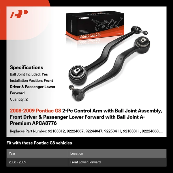 2008-2009 Pontiac G8 2-Pc Control Arm with Ball Joint Assembly, Front Driver & Passenger Lower Forward with Ball Joint A-Premium APCA8776
