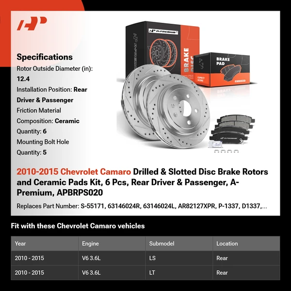 2010-2015 Chevrolet Camaro Drilled & Slotted Disc Brake Rotors and Ceramic Pads Kit, 6 Pcs, Rear Driver & Passenger, A-Premium, APBRPS020