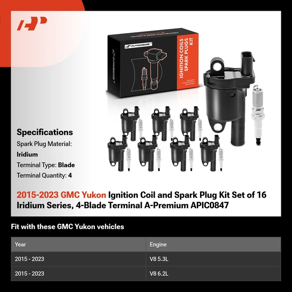 2015-2023 GMC Yukon Ignition Coil and Spark Plug Kit Set of 16 Iridium Series, 4-Blade Terminal A-Premium APIC0847