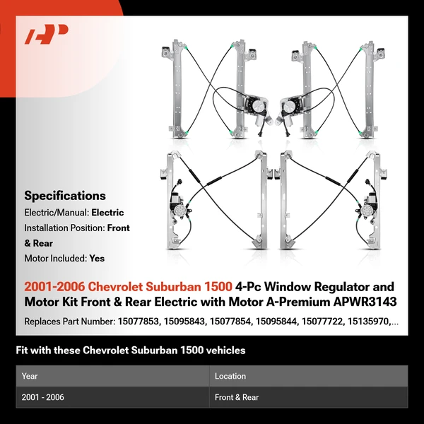2001-2006 Chevrolet Suburban 1500 4-Pc Window Regulator and Motor Kit Front & Rear Electric with Motor A-Premium APWR3143