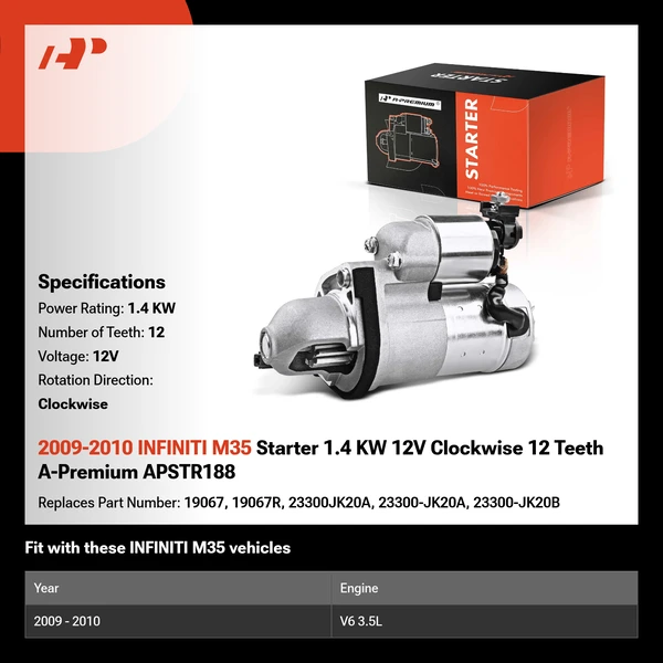 2009-2010 INFINITI M35 Starter 1.4 KW 12V Clockwise 12 Teeth A-Premium APSTR188