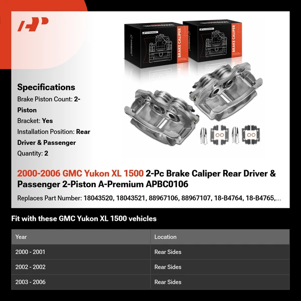 2000-2006 GMC Yukon XL 1500 2-Pc Brake Caliper Rear Driver & Passenger 2-Piston A-Premium APBC0106