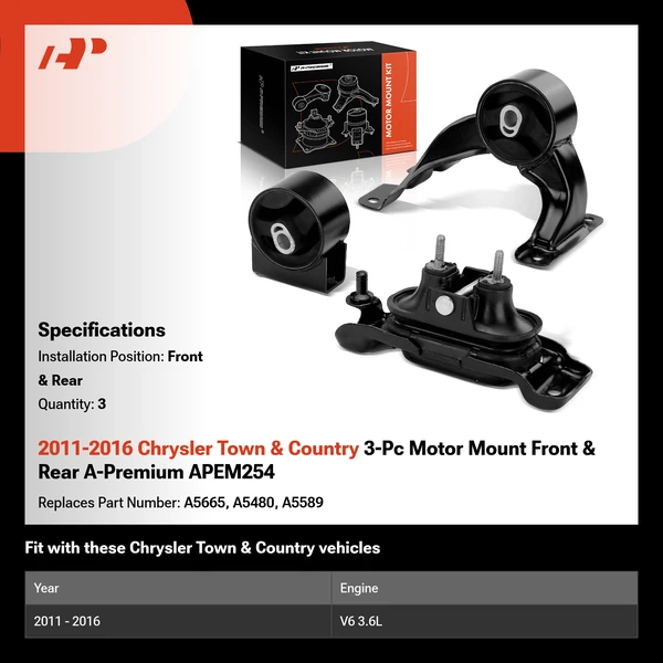 2011-2016 Chrysler Town & Country 3-Pc Motor Mount Front & Rear A-Premium APEM254