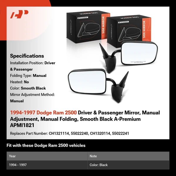 1994-1997 Dodge Ram 2500 Driver & Passenger Mirror, Manual Adjustment, Manual Folding, Smooth Black A-Premium APMI1821