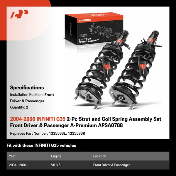 2004-2006 INFINITI G35 2-Pc Strut and Coil Spring Assembly Set Front Driver & Passenger A-Premium APSA0788