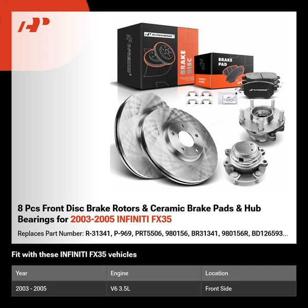 8 Pcs Front Disc Brake Rotors & Ceramic Brake Pads & Hub Bearings for 2003-2005 INFINITI FX35