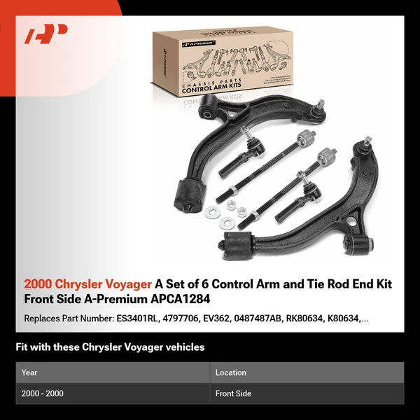 2000 Chrysler Voyager A Set of 6 Control Arm and Tie Rod End Kit Front Side A-Premium APCA1284