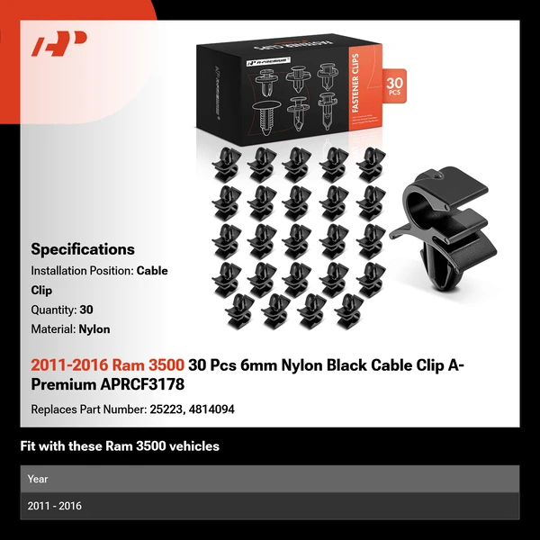 2011-2016 Ram 3500 30 Pcs 6mm Nylon Black Cable Clip A-Premium APRCF3178