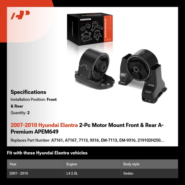 2007-2010 Hyundai Elantra 2-Pc Motor Mount Front & Rear A-Premium APEM649