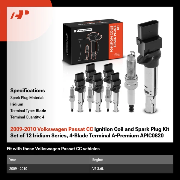2009-2010 Volkswagen Passat CC Ignition Coil and Spark Plug Kit Set of 12 Iridium Series, 4-Blade Terminal A-Premium APIC0820